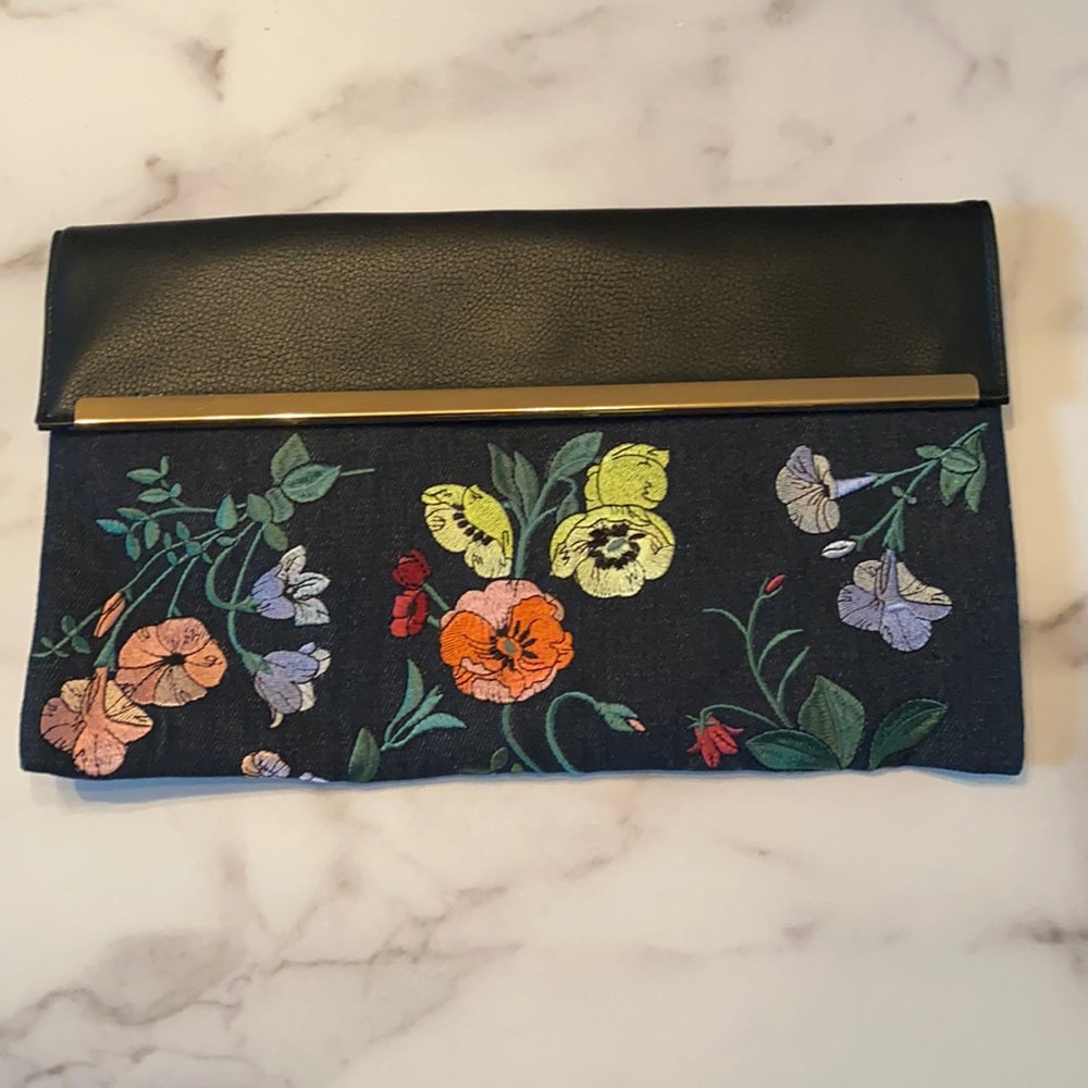 Ann Taylor Demin & Faux Leather Floral Clutch